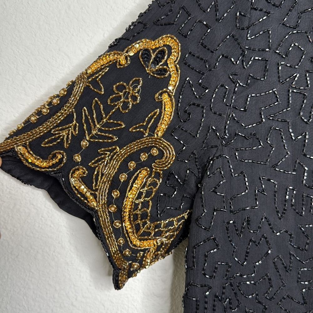 Exclusive Vintage 80’s Black and Gold Beaded 100% Silk Women's Top Size Small - Picture 4 of 12